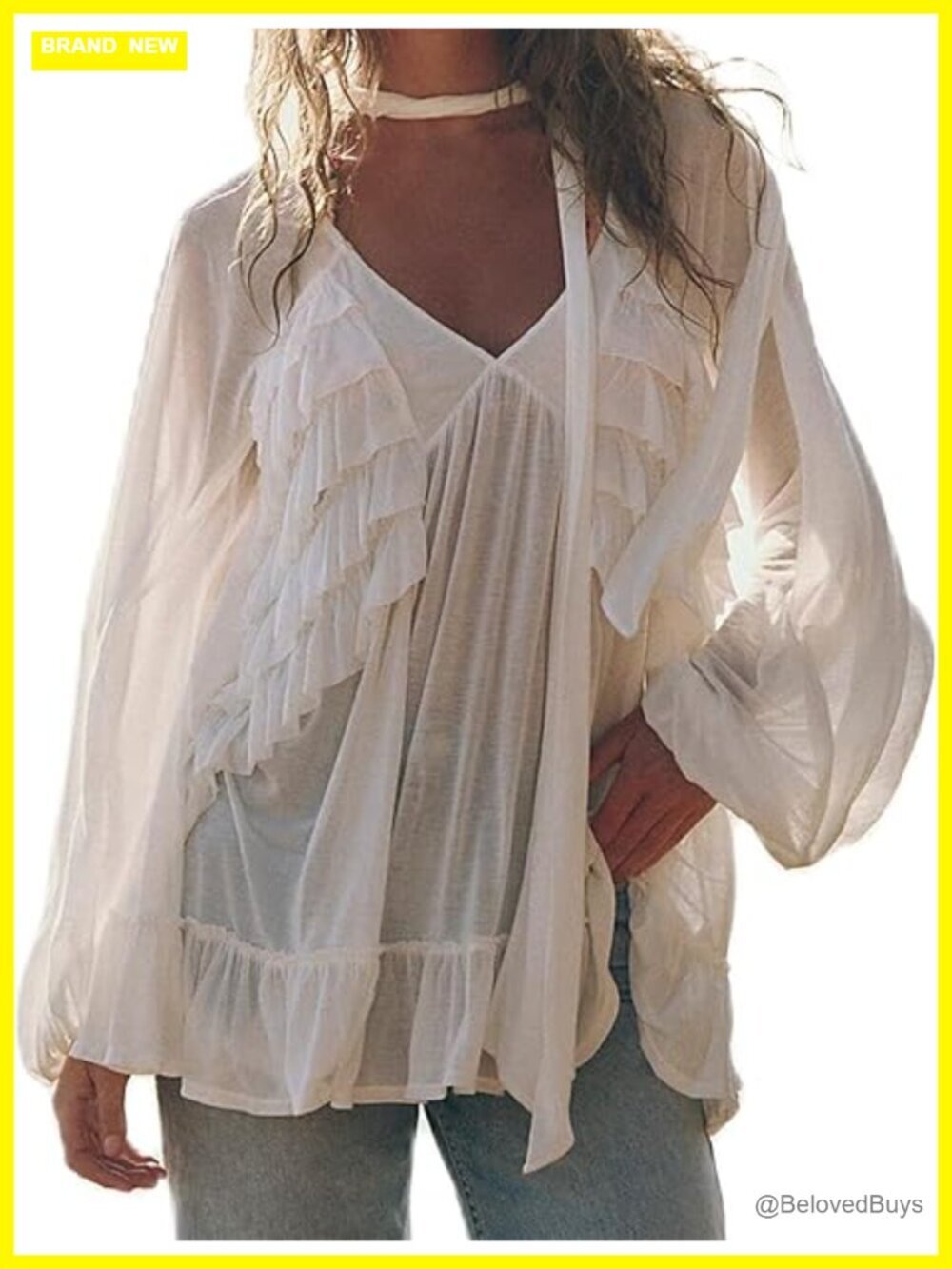 Sheer Mesh Ruffle Flowy Blouse Lantern Sleeve Tie Front Streetwear Top